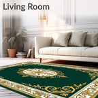 Ornate Gold Floral Green Scroll Rug