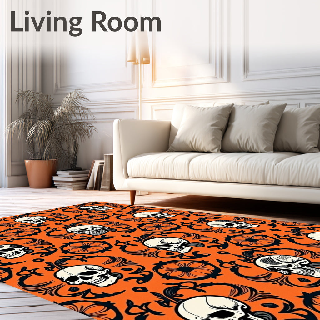 Orange Black Skulls Patterned Gothic Rug