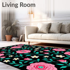 Pink Floral Vines On Black Background Rug