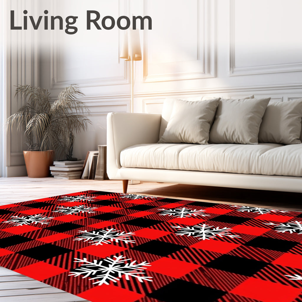 Red Black Buffalo Plaid Snowflake Pattern Rug