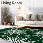 White Snowflake Patterned Dark Green Tile Rug