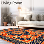 Bold Orange Navy Floral Medallion Pattern Rug