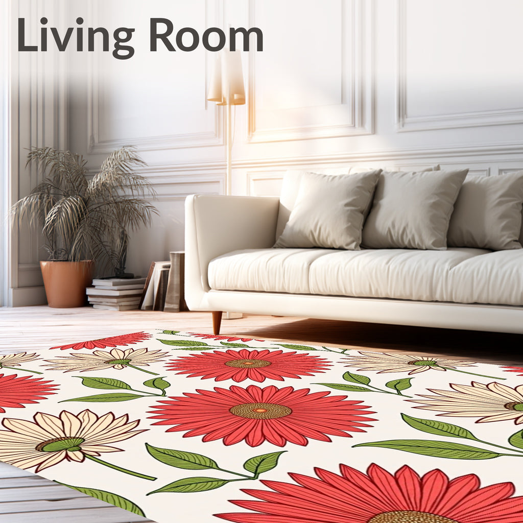 Red Cream Daisy Floral Pattern Rug
