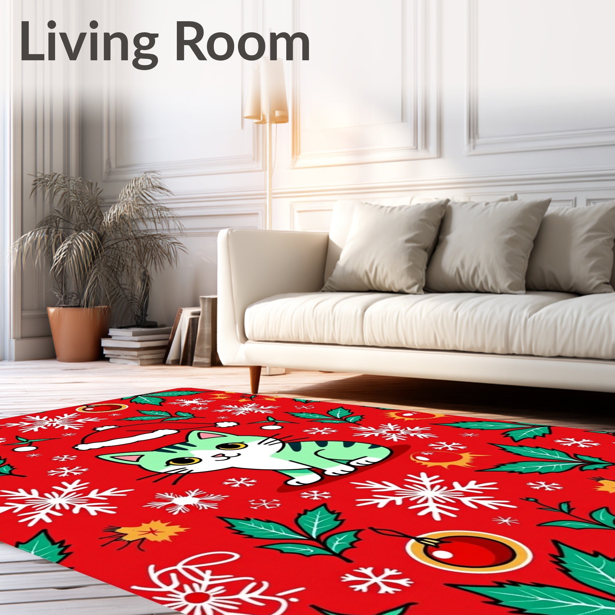 Cute Teal Cat Snowflakes Holiday Pattern Rug
