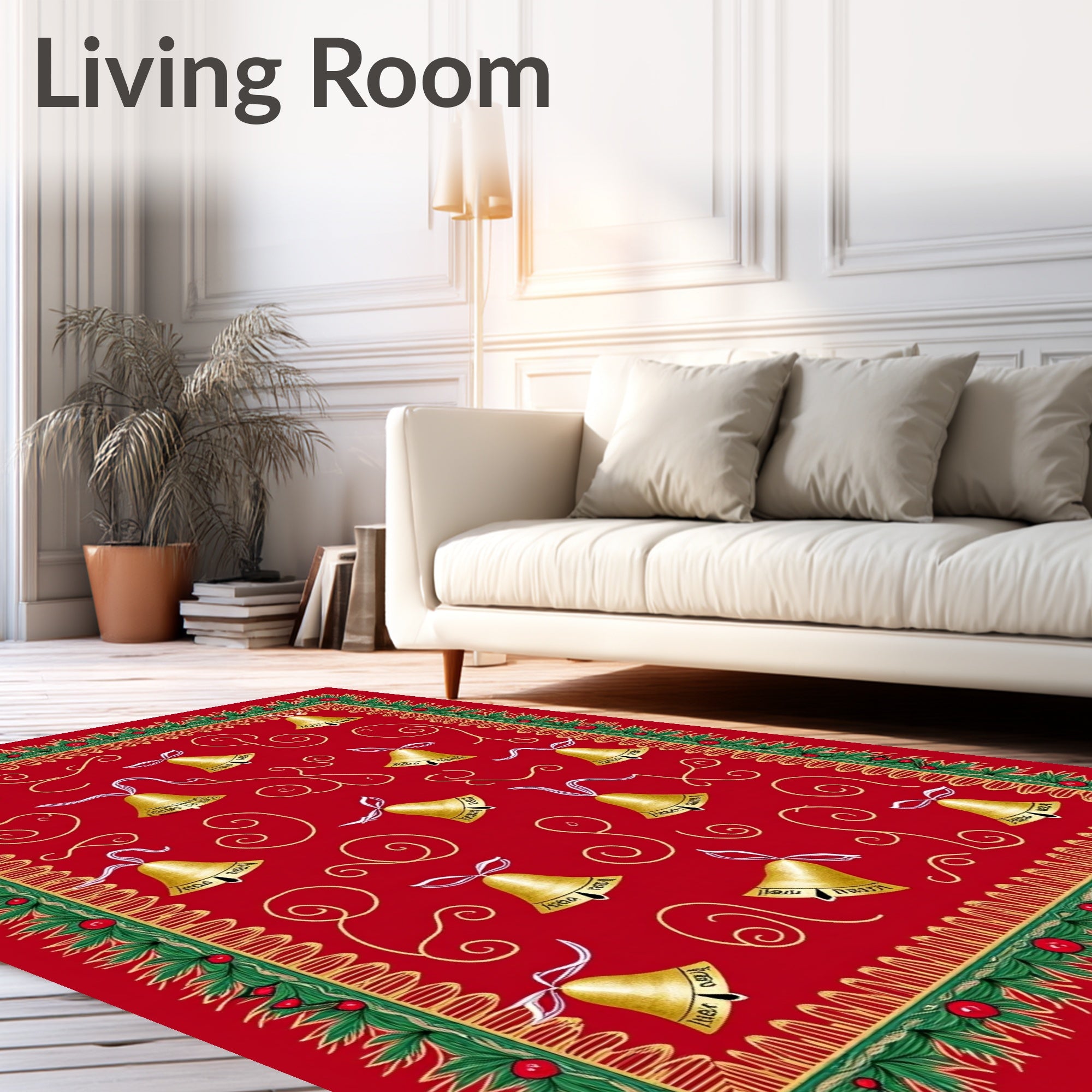 Gold Bells On Red Holiday Design Rug
