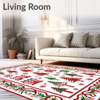 Winter Village Red Green Trees Snowflakes Rug
