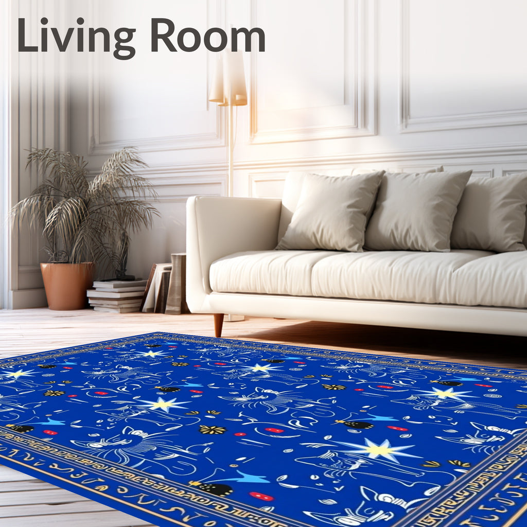 Whimsical Blue Cat Star Pattern Rug