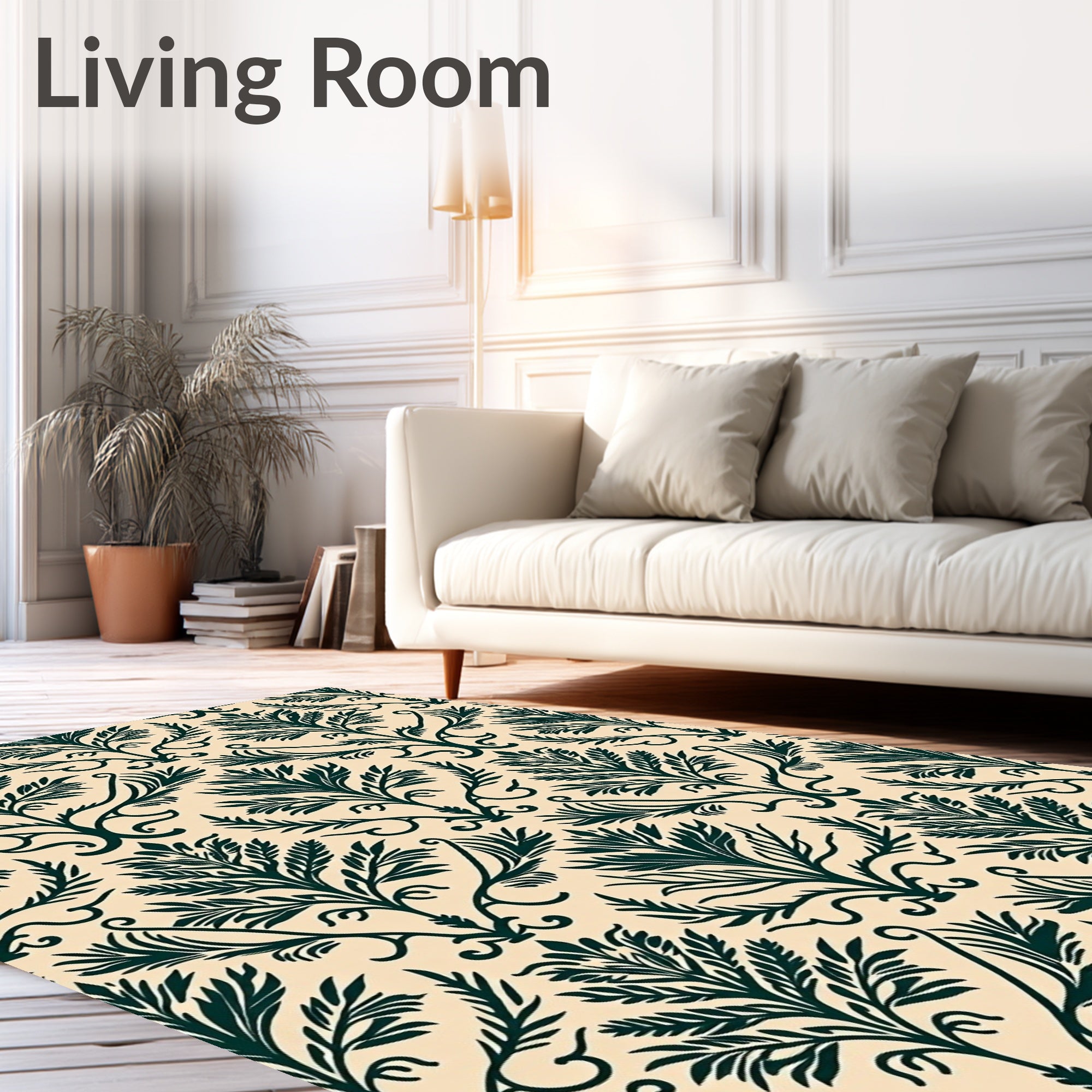 Dark Green Botanical Damask Pattern Rug
