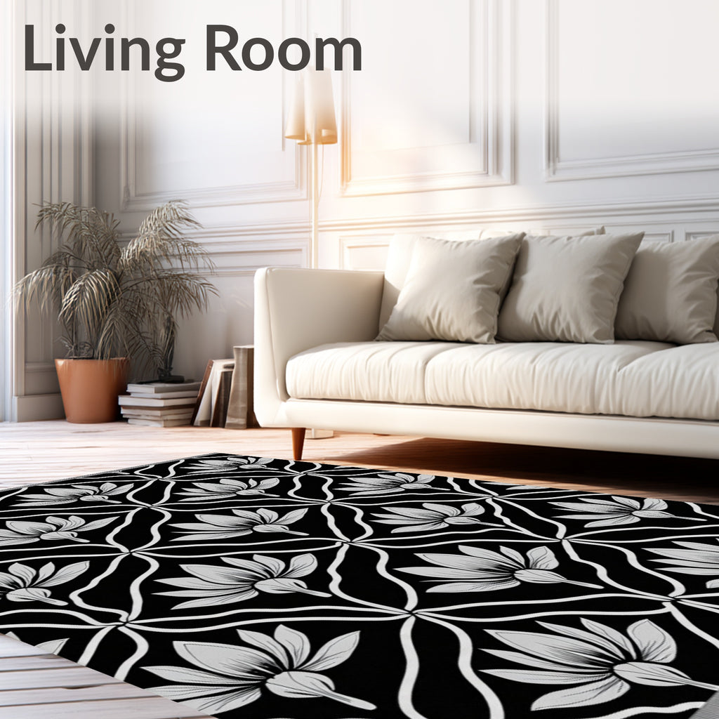 Black White Floral Lattice Rug