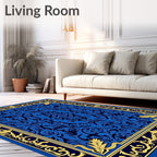 Ornate Blue Gold Floral Pattern Rug