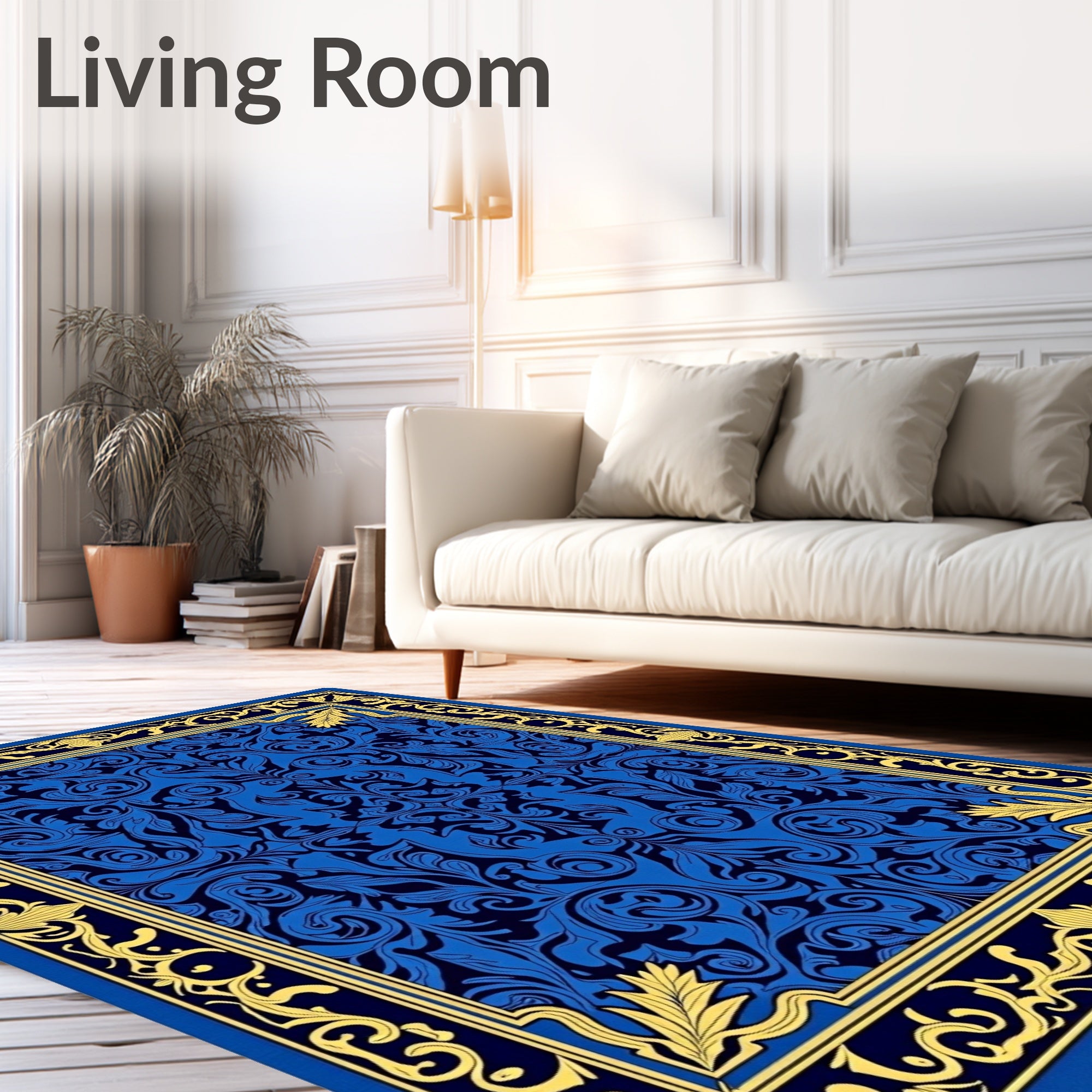 Ornate Blue Gold Floral Pattern Rug