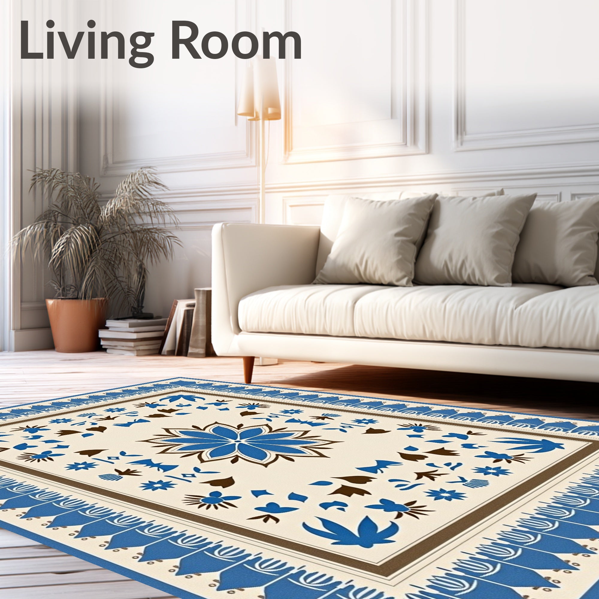 Bold Blue Cream Floral Garden Rug
