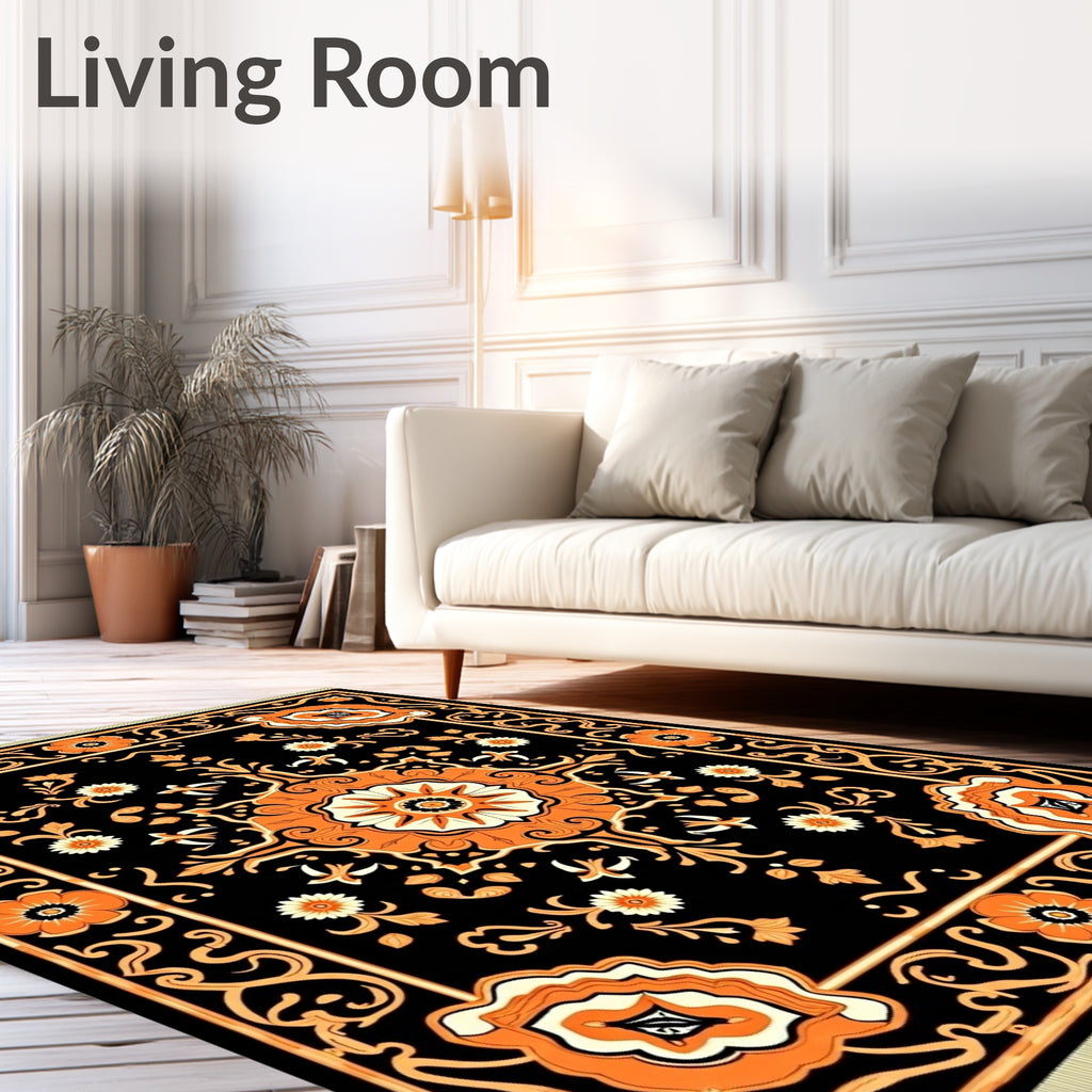 Vintage Orange Floral Medallion Black Rug