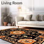 Vintage Orange Floral Medallion Black Rug