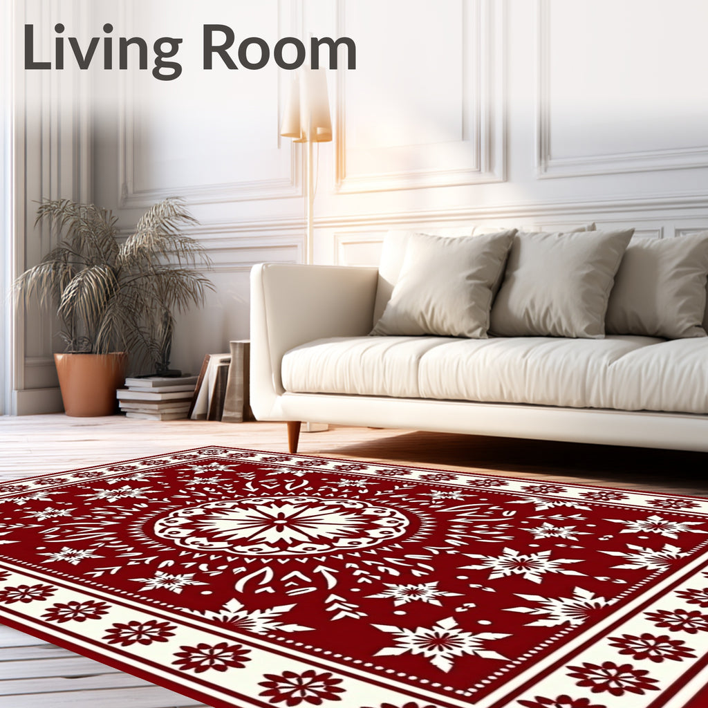 Red White Snowflake Mandala Design Rug