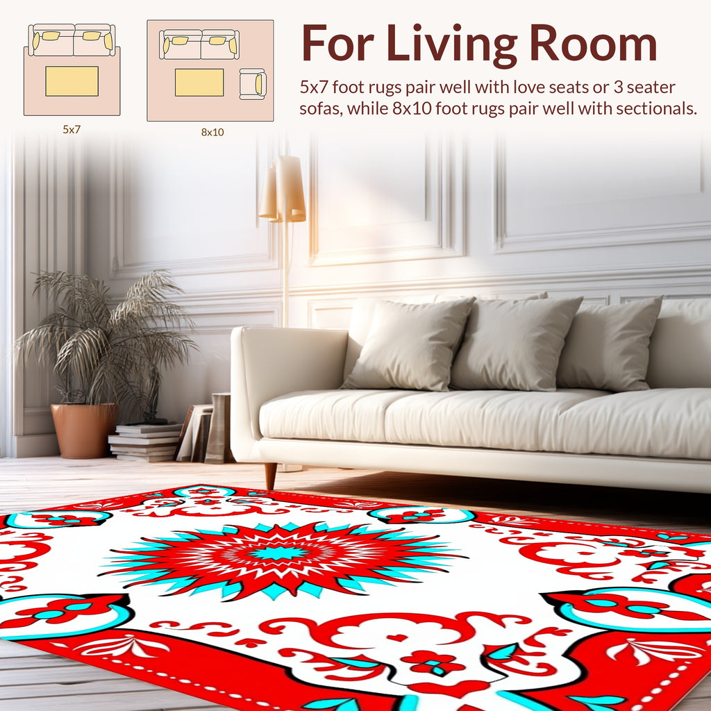 Bold Red Teal Floral Medallion Design Rug