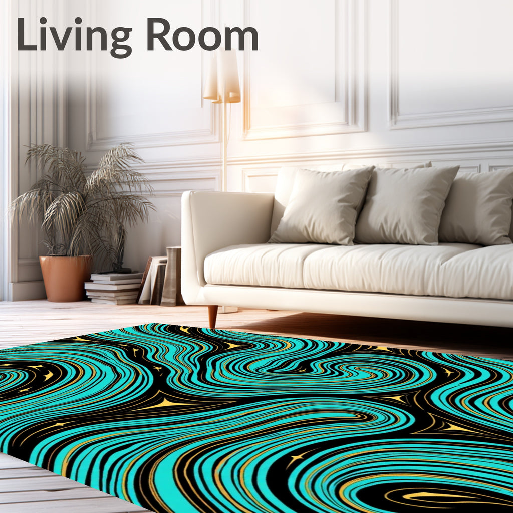 Aqua Gold Swirl Nature Pattern Rug