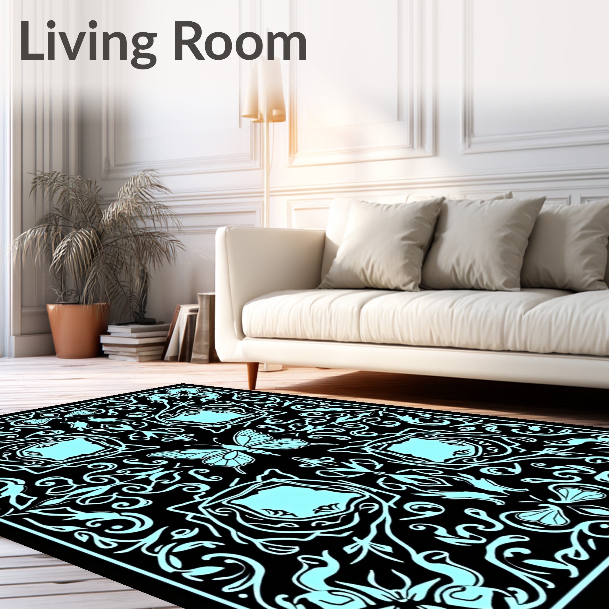 Ornate Butterfly Floral Symmetry Design Rug