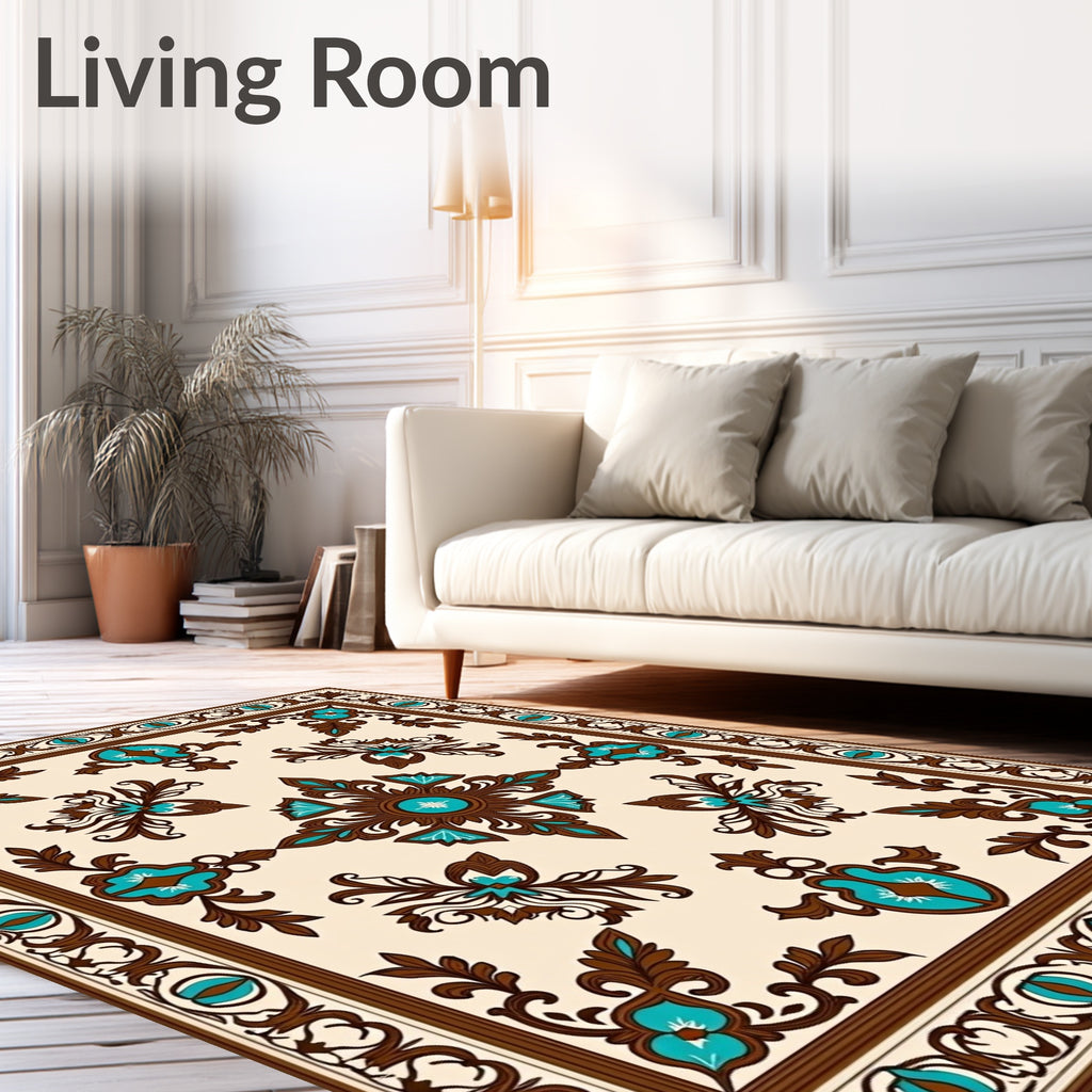 Ornate Turquoise Brown Floral Pattern Rug