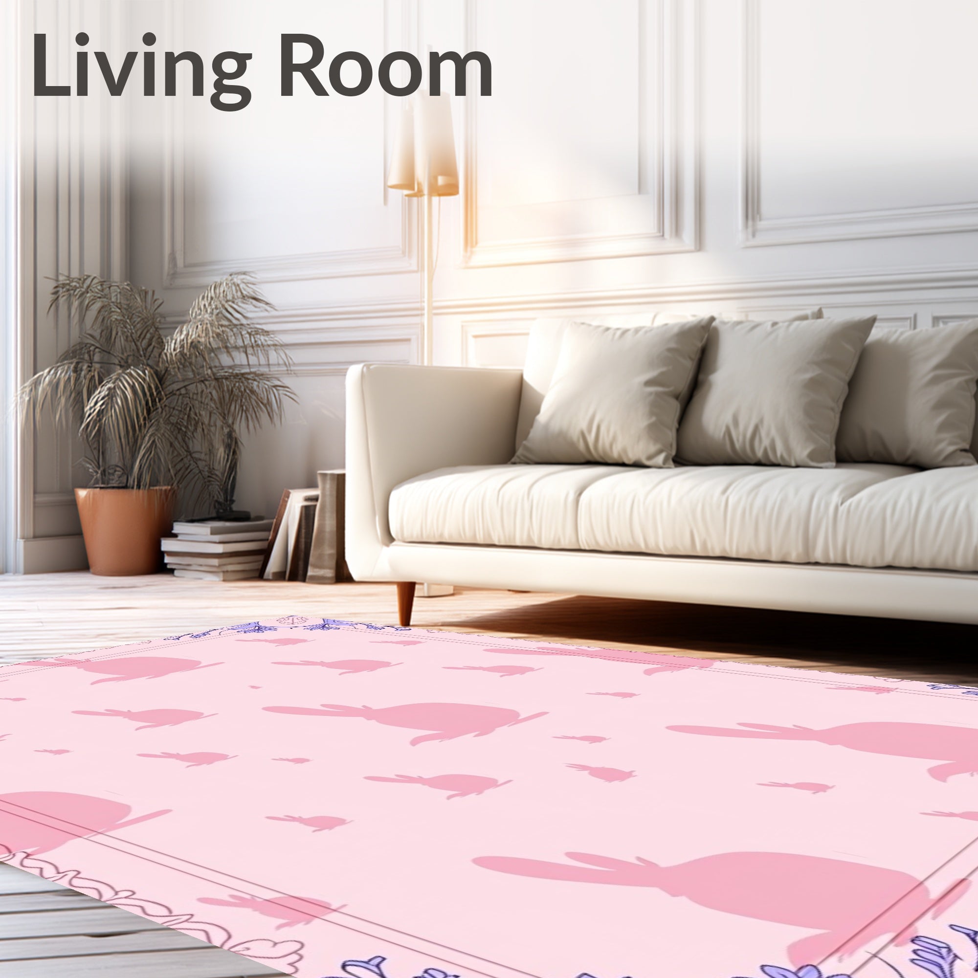 Pink Bunny Pattern With Floral Border Rug
