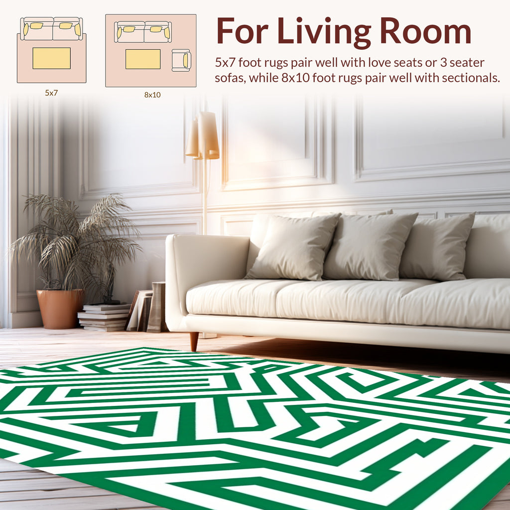 Green White Geometric Maze Pattern Rug