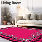 Pink Black Checkered Floral Frame Rug