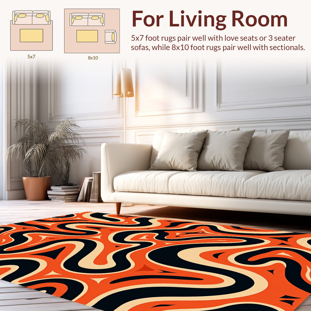 Retro Orange Black Swirls Design Rug