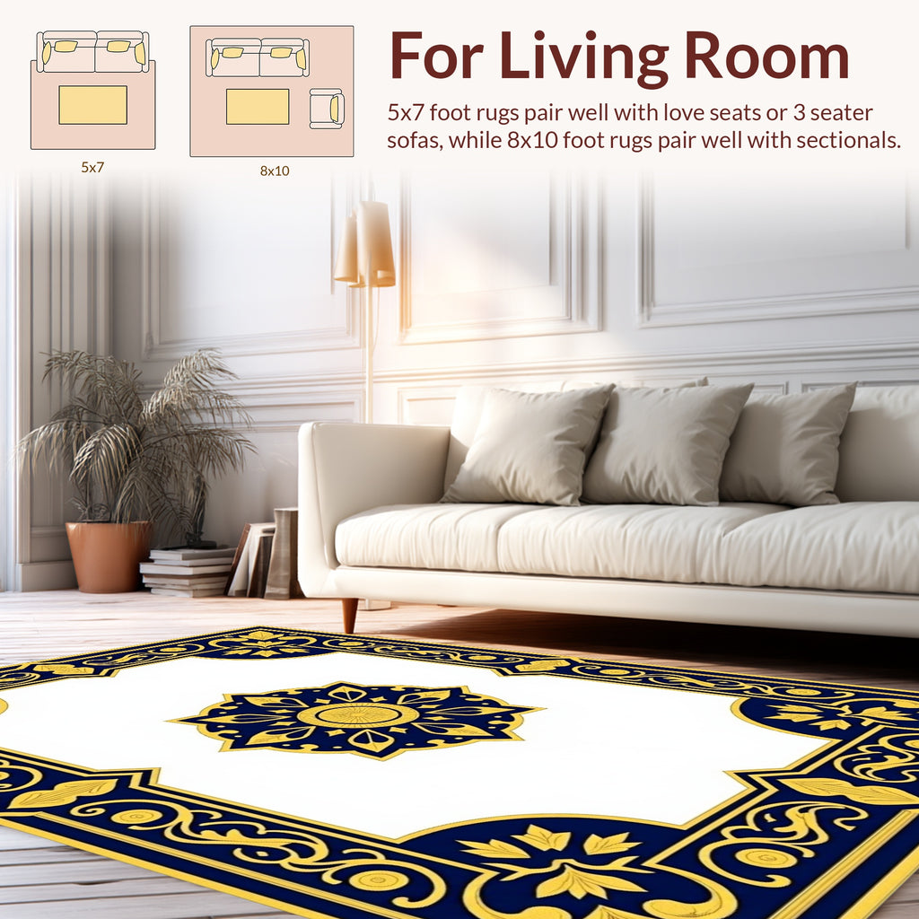 Elegant Blue Gold Floral Medallion Rug