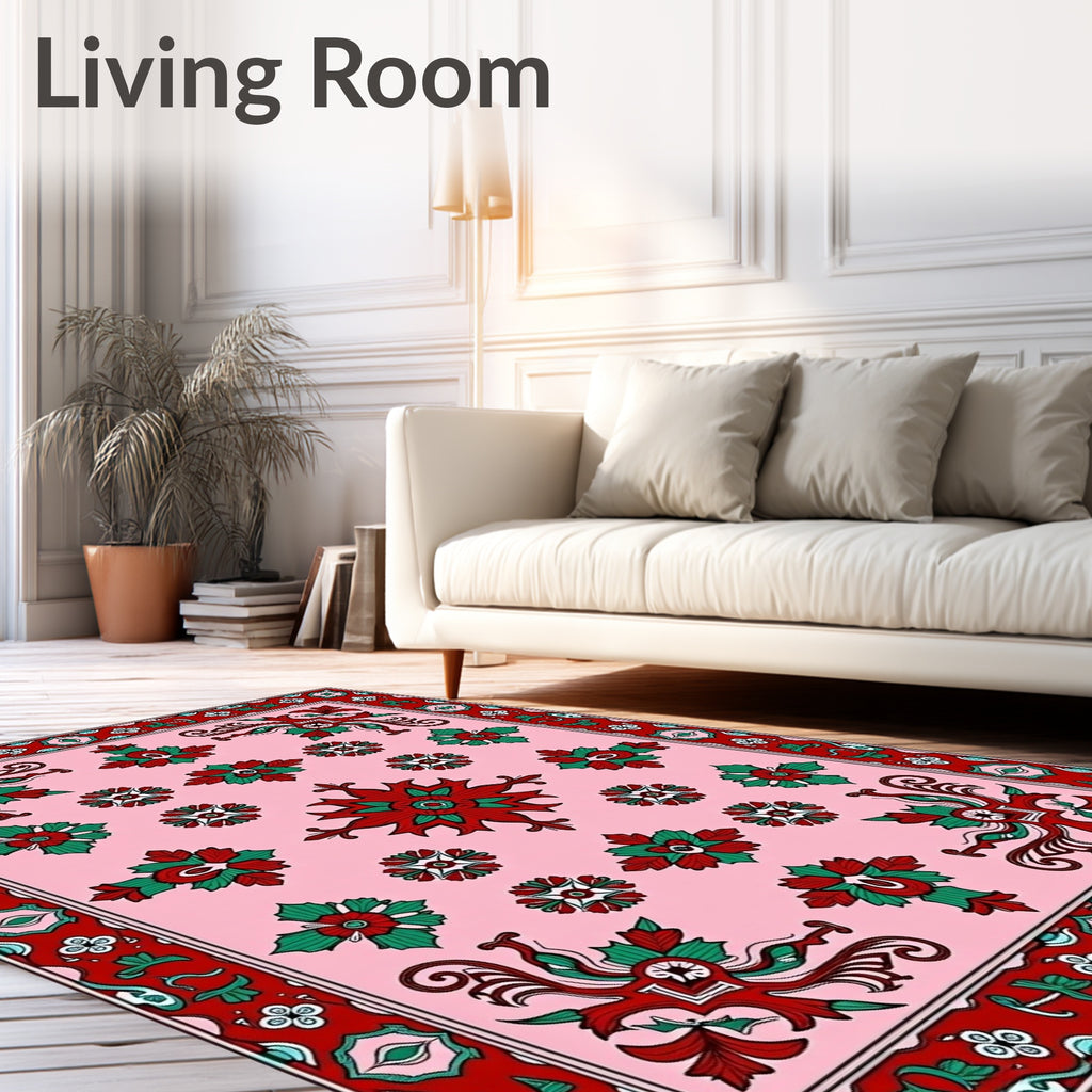 Ornate Red Green Floral Pattern Rug