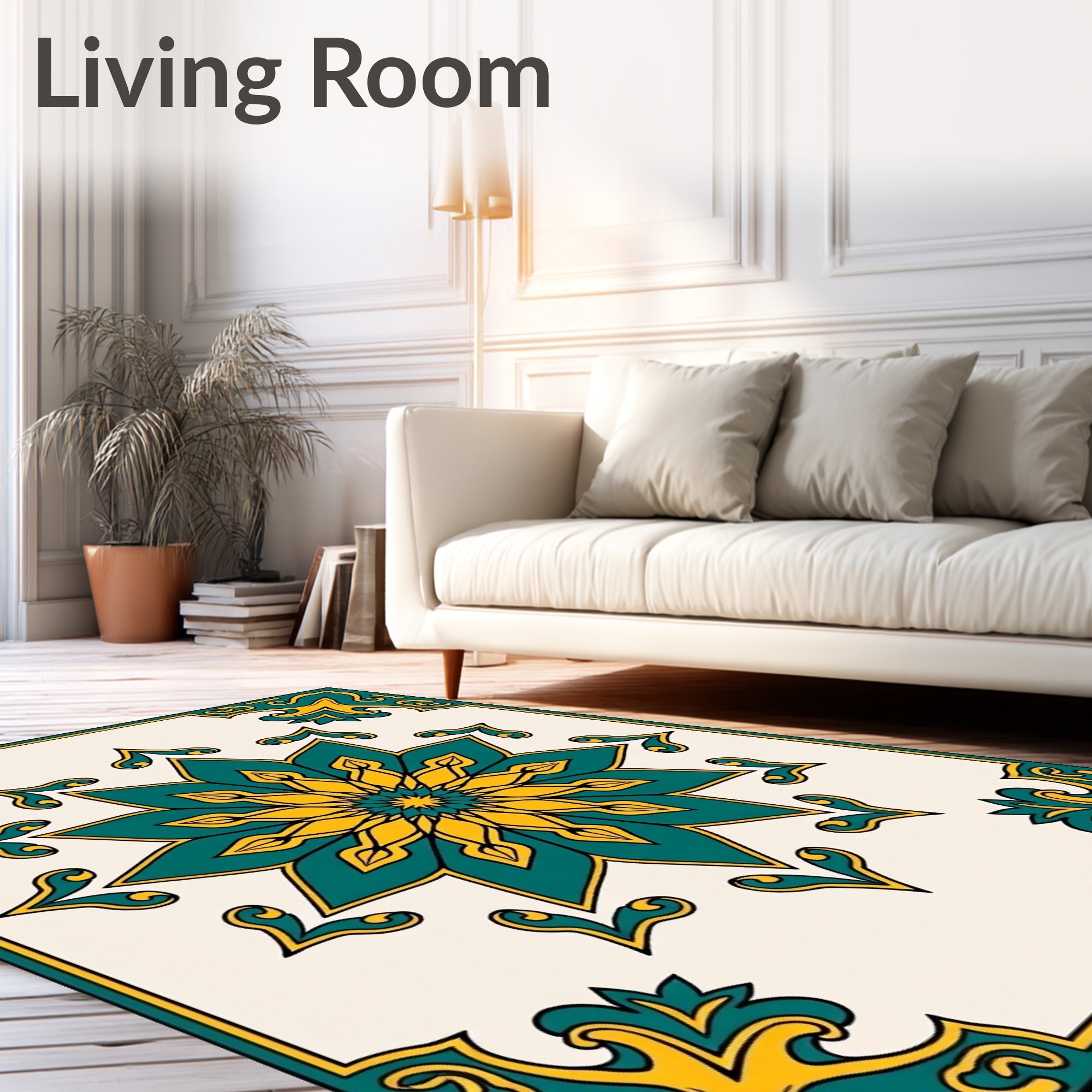 Turquoise Yellow Floral Mandala Design Rug