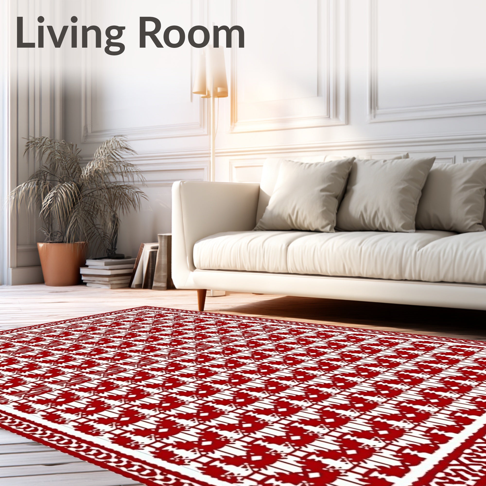 Classic Red Maple Leaf Geometric Design Rug