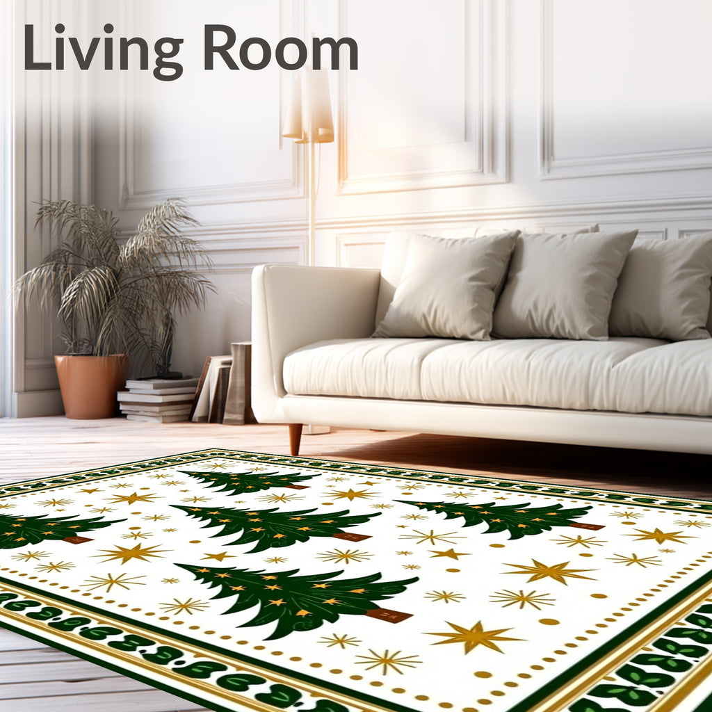 Festive Green Christmas Trees Gold Stars Rug