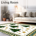 Festive Green Christmas Trees Gold Stars Rug