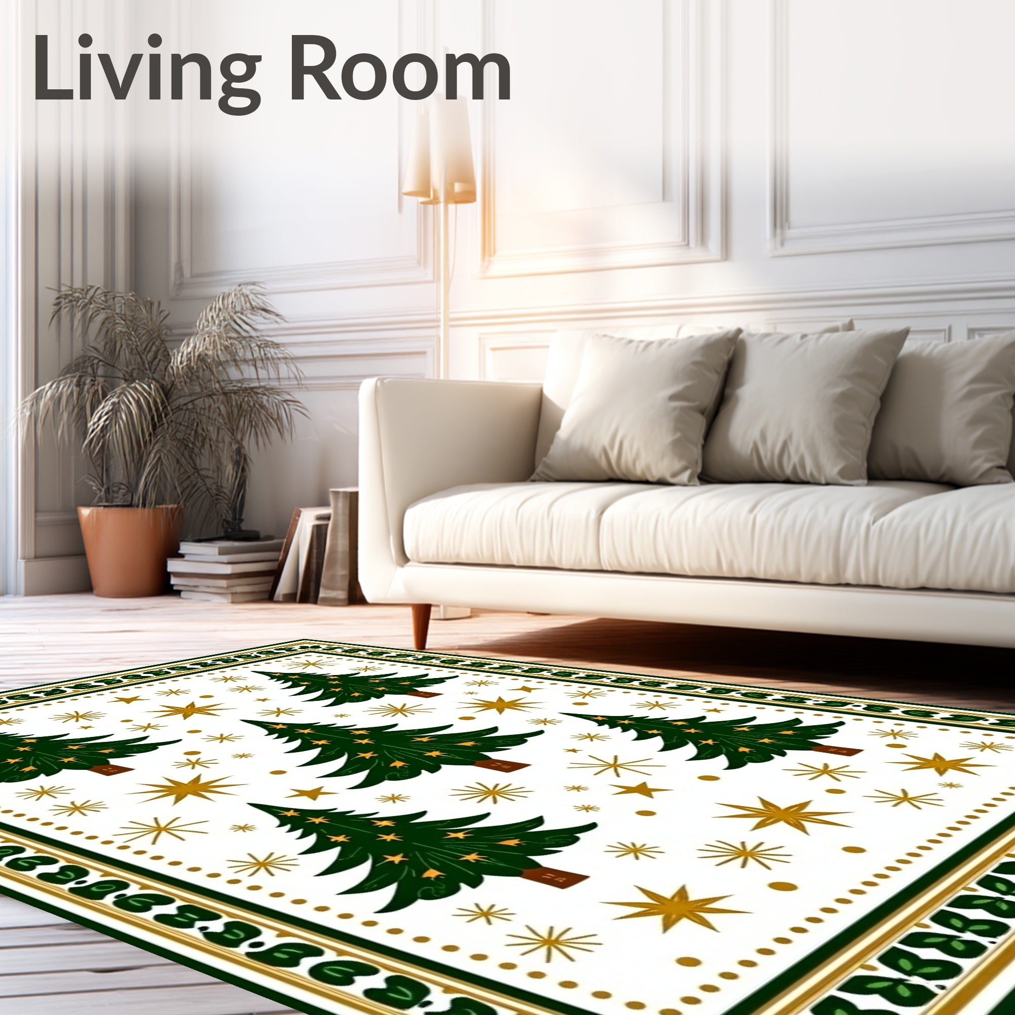 Festive Green Christmas Trees Gold Stars Rug