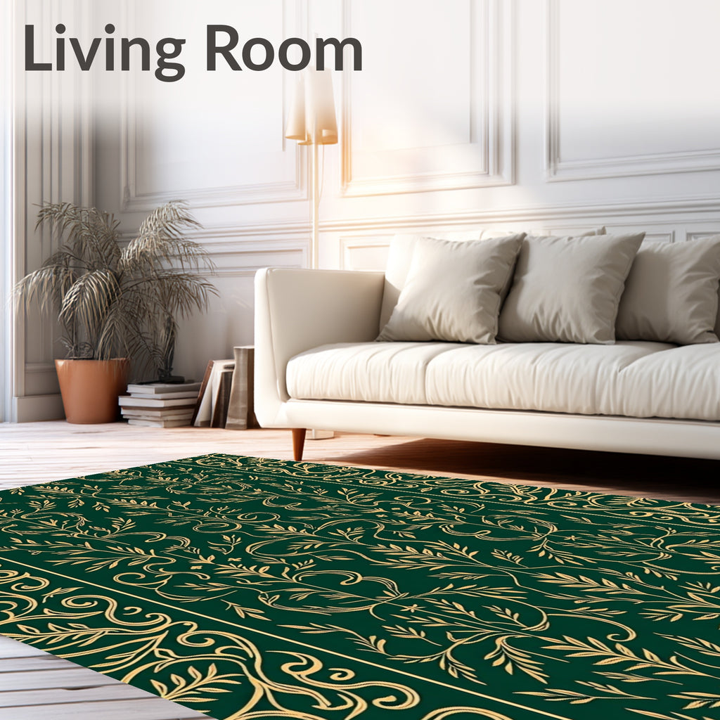 Rich Green Gold Floral Vine Pattern Rug