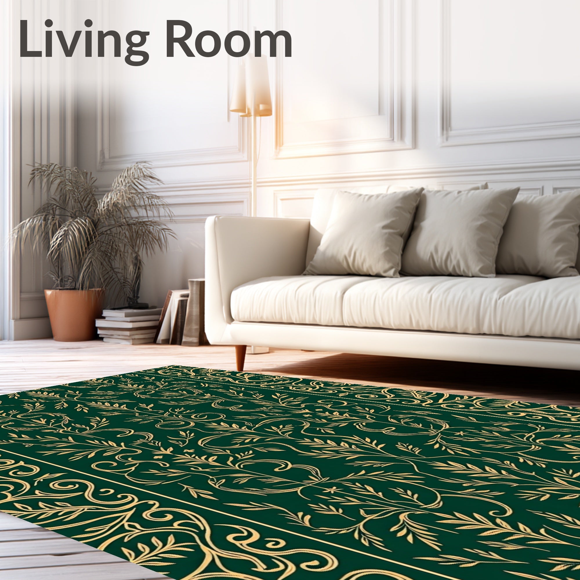 Rich Green Gold Floral Vine Pattern Rug