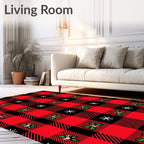 Red Black Buffalo Plaid Holly Snowflakes Rug