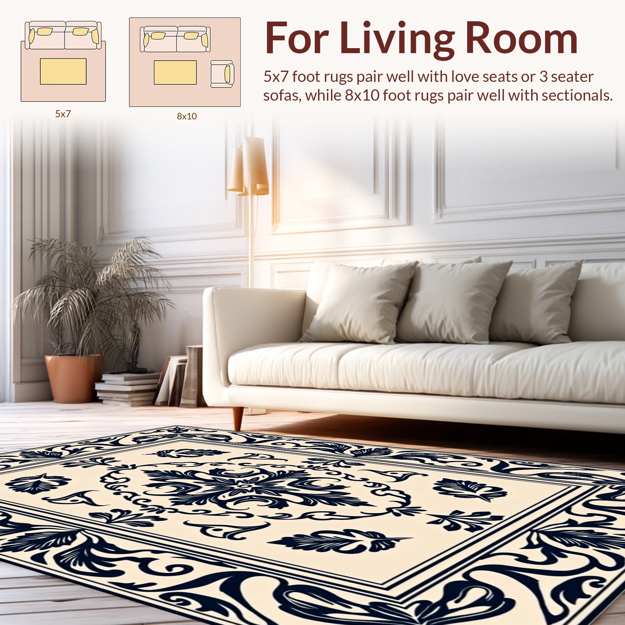 Classic Navy Floral Scrollwork Rug