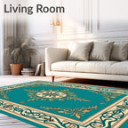 Ornate Teal Gold Scrollwork Pattern Rug