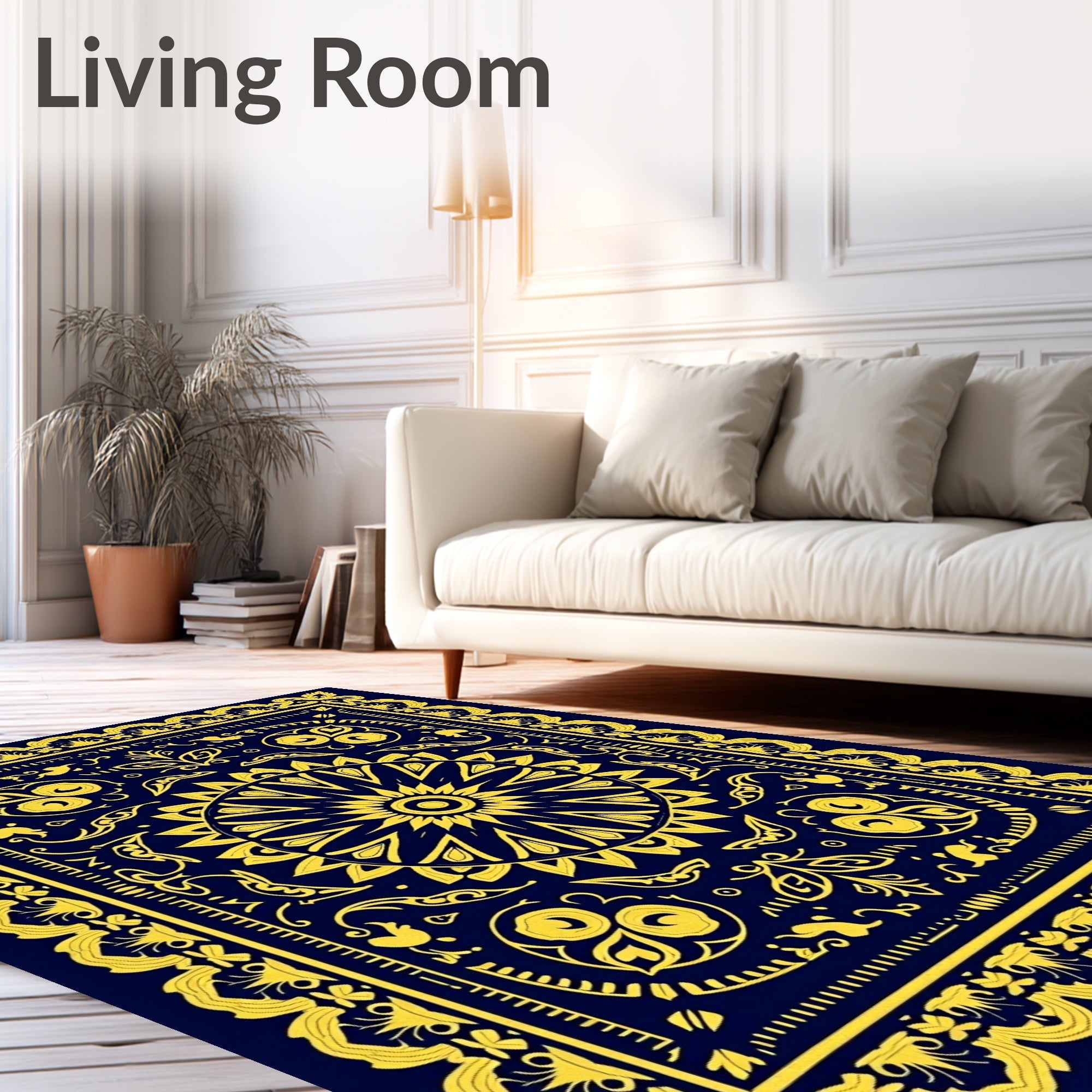Intricate Yellow Floral Sunburst Design Rug