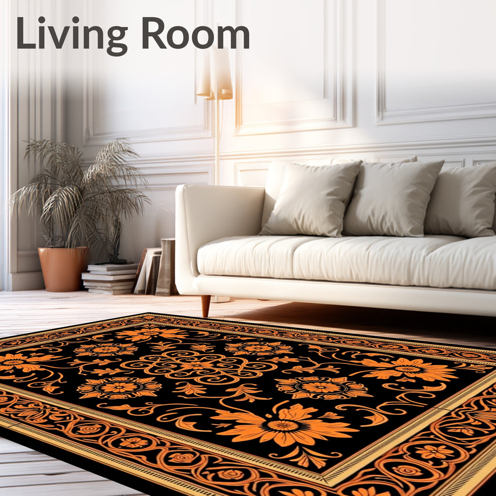 Orange Black Floral Medallion Scroll Rug