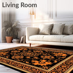 Orange Black Floral Medallion Scroll Rug