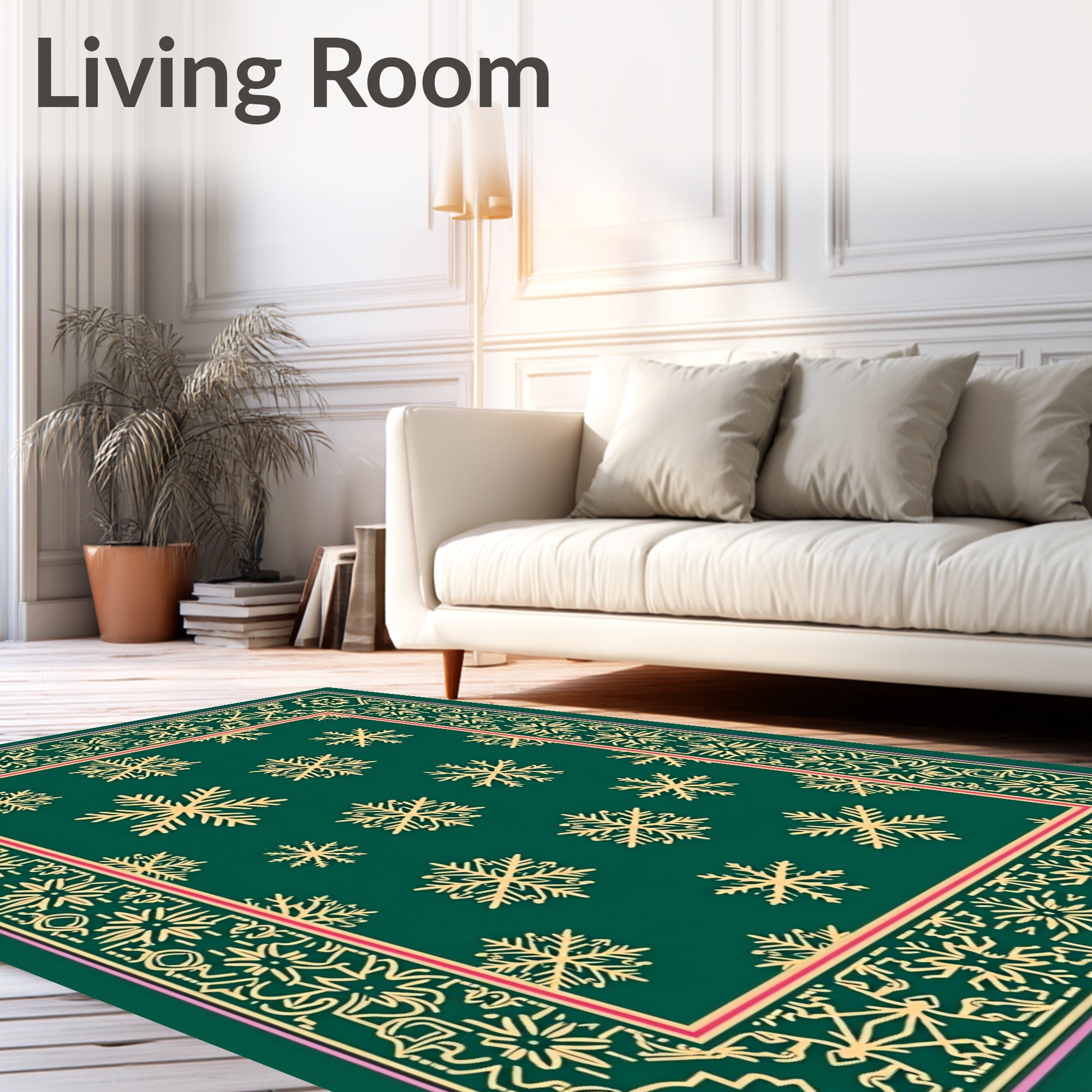 Golden Snowflakes Decorative Emerald Border Rug