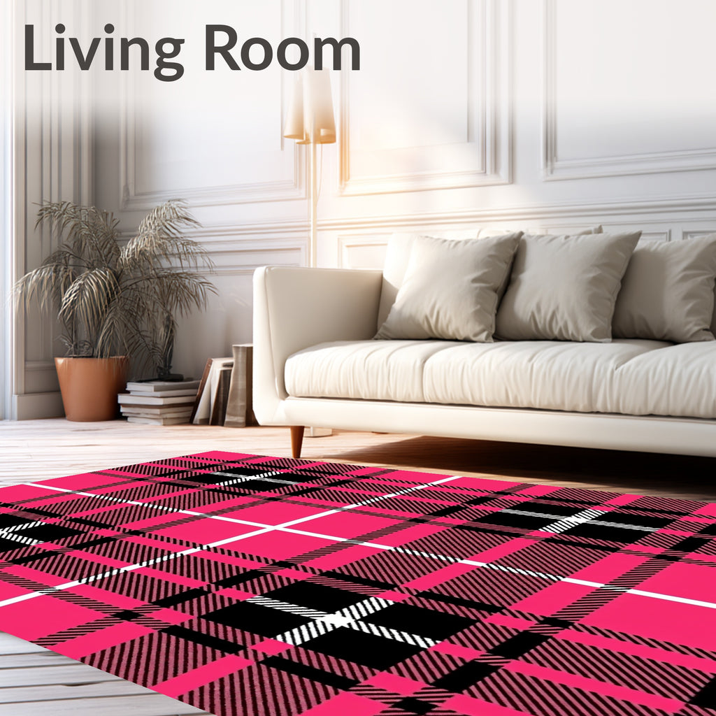 Bold Pink Black White Plaid Pattern Rug
