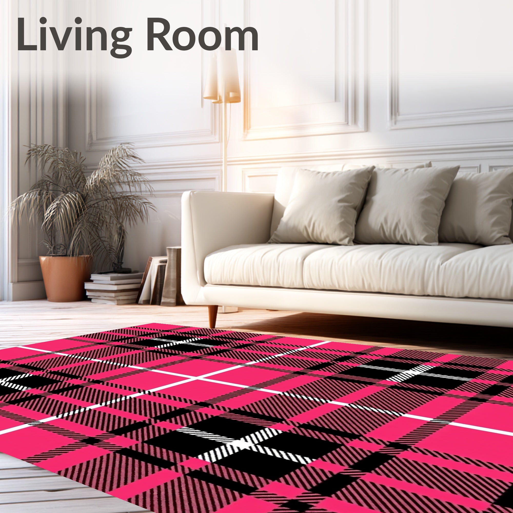 Bold Pink Black White Plaid Pattern Rug