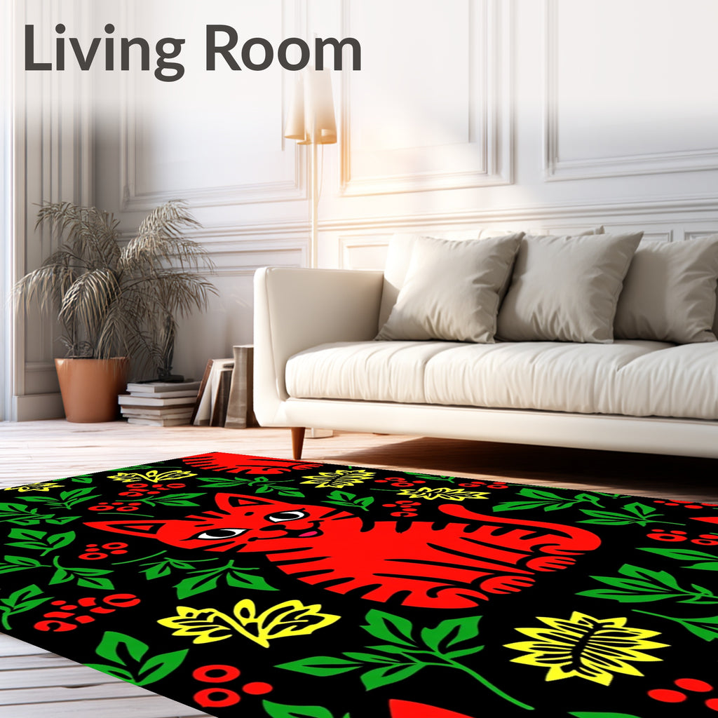 Playful Red Cat Floral Pattern Rug