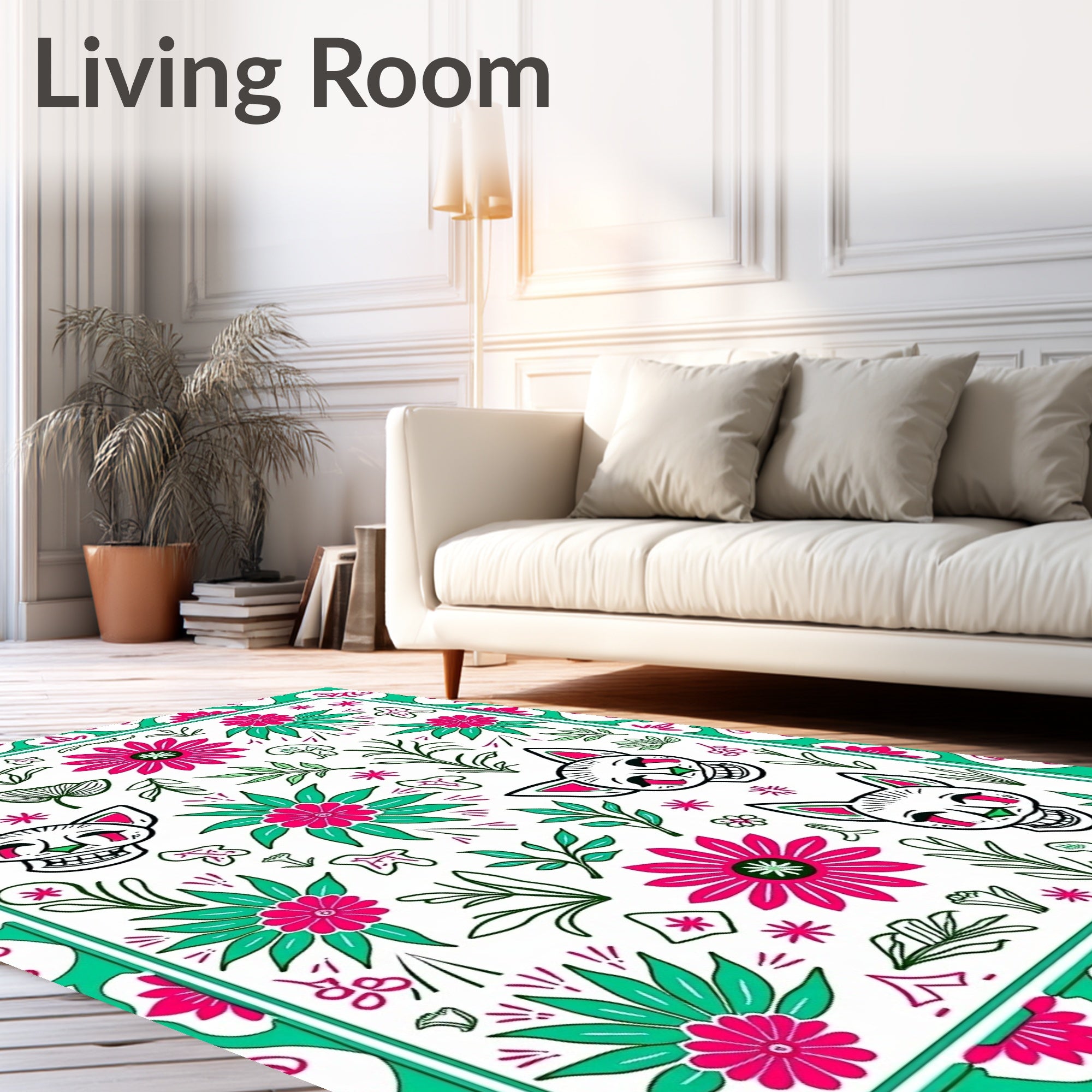 Whimsical Cat Skull Floral Pattern Rug