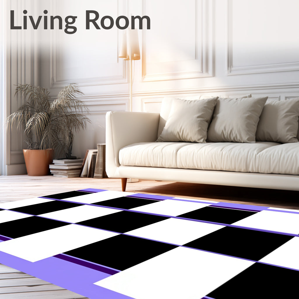 Geometric Black White Purple Checker Rug