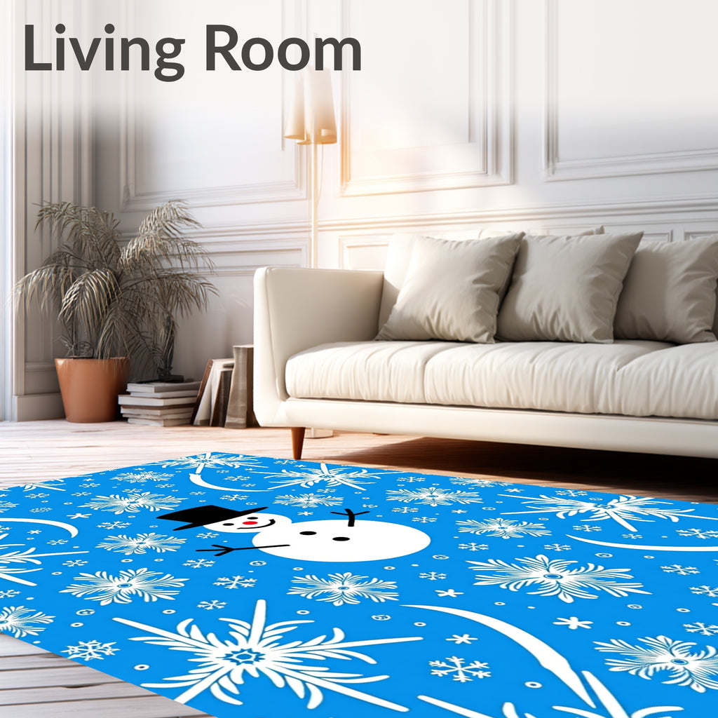 Whimsical Blue Snowman Snowflake Swirl Rug