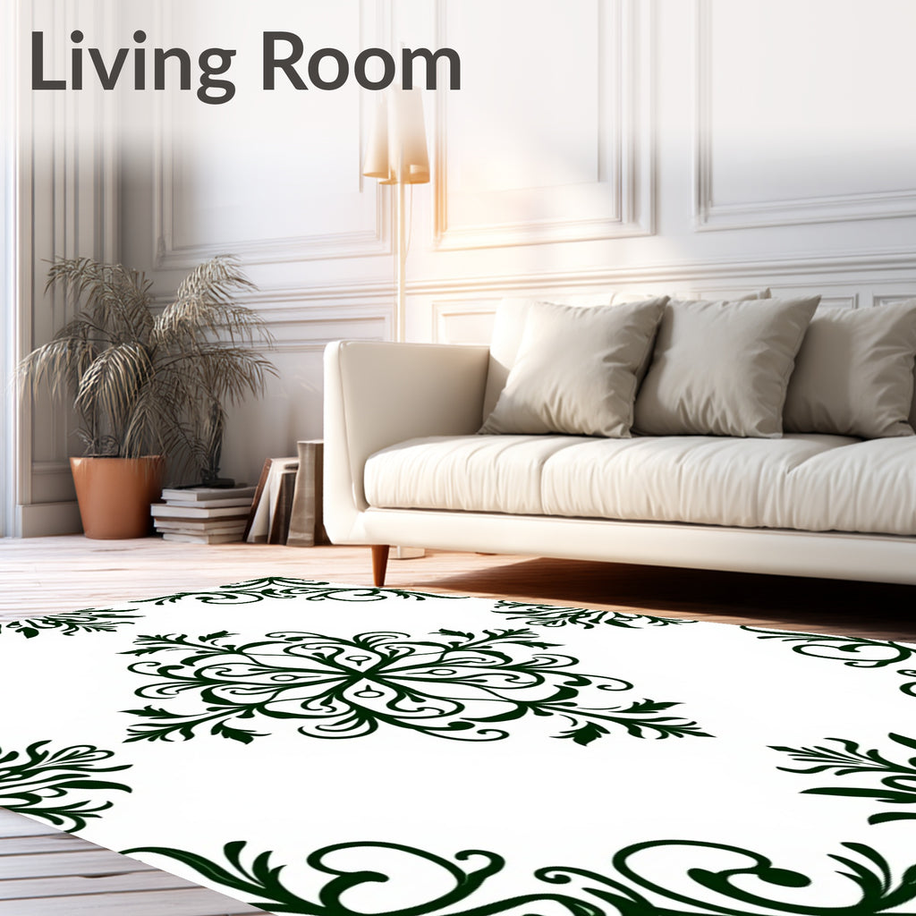 Ornate Dark Green Floral Damask Rug